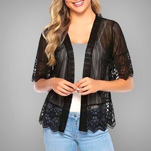 New Boho Solid Lace Open Front Crop Short Cover Up Black Semi Sheer Kimono NWT